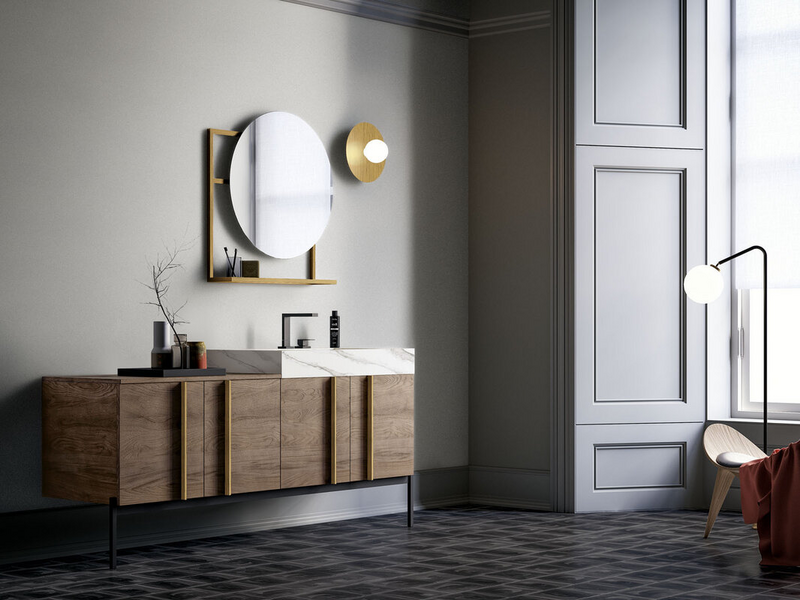 Bagno in essenza rovere castoro, top in gres Larsen bianco, basamento in metallo nero e maniglie in metallo ottone anticato
