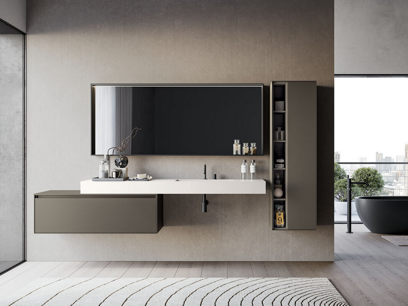 Bagno in laccato opaco grigio Aston e top in marmo minerale bianco opaco