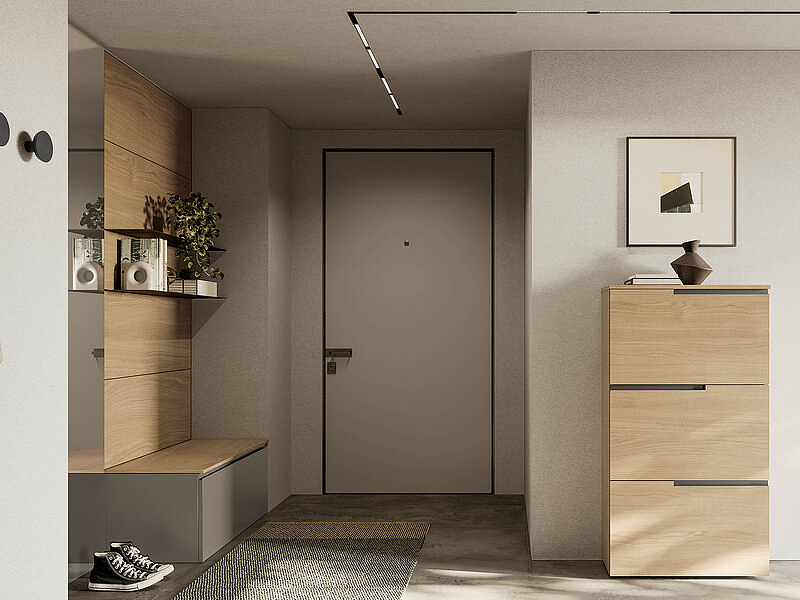 Ingresso con schienale in materico rovere Virginia, mensole titanio, cestone laccato opaco dark grey e specchio. Scarpiera in materico rovere Virginia con gola.