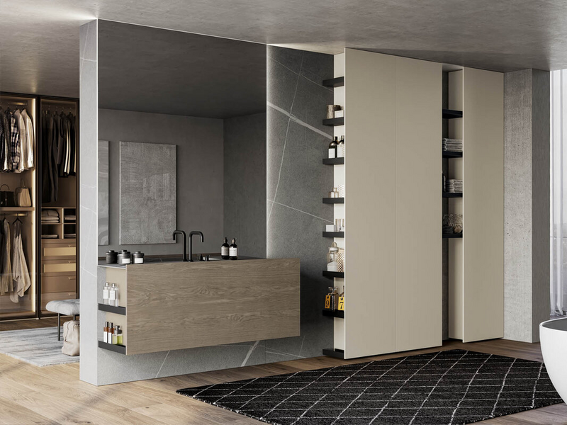 Bagno in essenza rovere cenere, top in gres Senda grigio, colonne in laccato opaco tortora e accessori in metallo nero