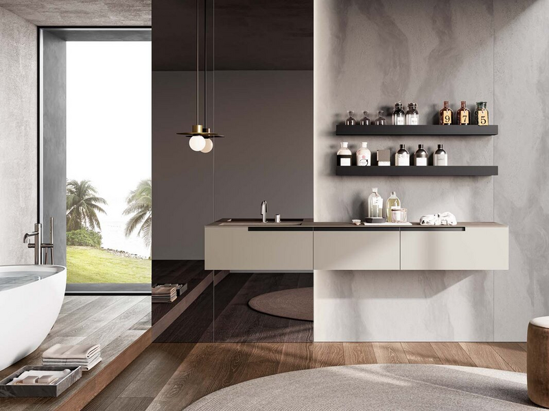 Bagno in laccato opaco corda, top in gres Jasper moka, mensole e gola in metallo nero