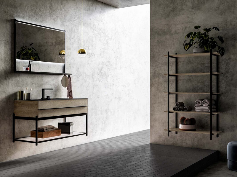 Bagno in essenza rovere cenere, top in gres Azalai nero, telaio e scaffalatura in metallo nero e ripiano in vetro cannet&eacute;