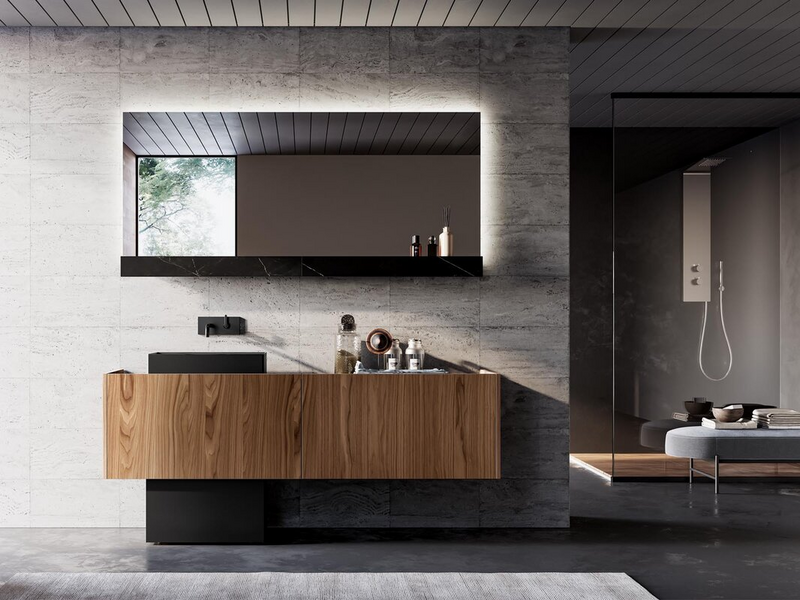 Bagno in essenza noce Canaletto e laccato opaco nero, top in gres Storm nero e lavabo in ceramica nero opaco