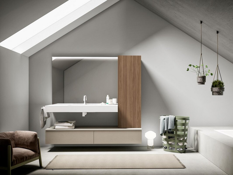 Bagno in materico resina argilla e materico noce California, top in marmo minerale bianco opaco