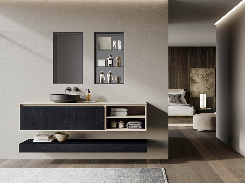 Bagno in laccato opaco tortora ed essenza rovere carbone, top in ceramica nero opaco