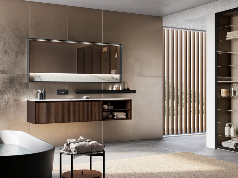 Bagno in canneté rovere termotrattato e laccato opaco moka, top in gres Larsen bianco e accessori in metallo nero