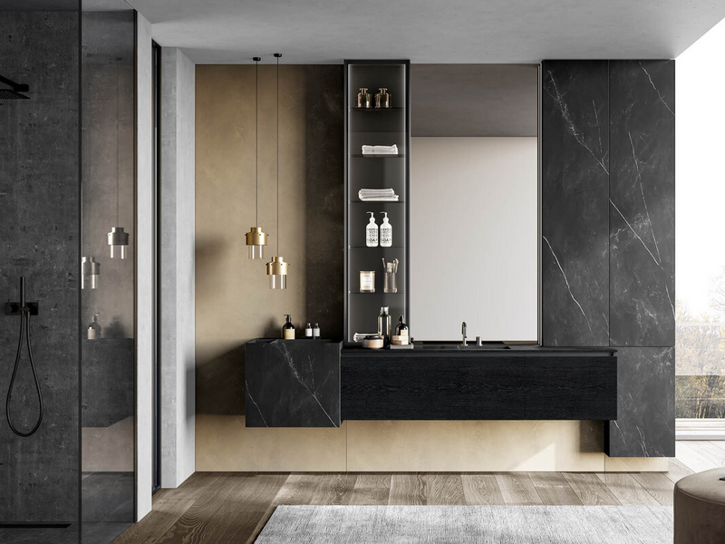 Bagno in essenza rovere carbone e laccato opaco nero, elemento monoblocco e top in gres Storm nero, anta colonna in vetro trasparente grigio e accessori metallici in metallo nero