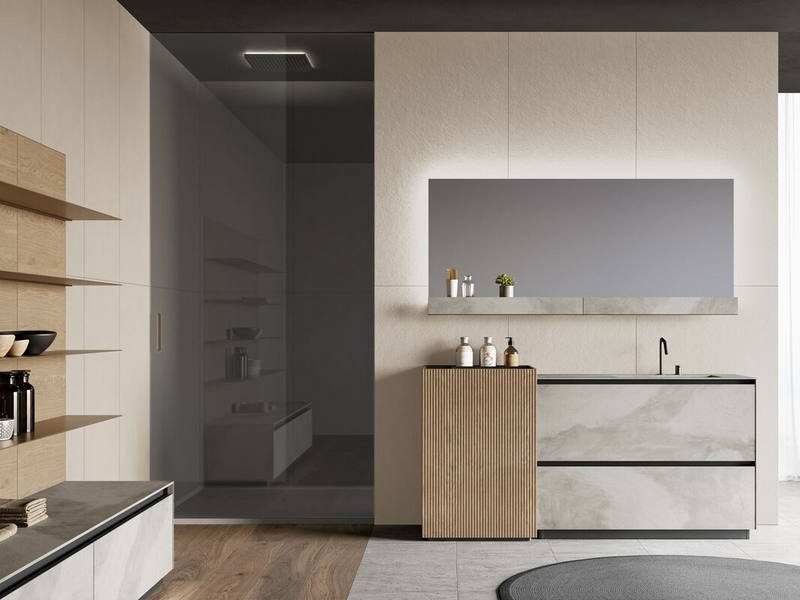 Bagno in gres Boreal Pietra Piasentina, elemento monoblocco in canneté rovere visone, accessori metallici in metallo nero