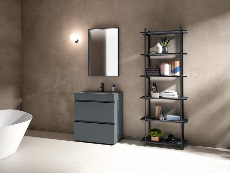 Bagno in Fenix NTM grigio bromo, scaffalatura e gola in metallo nero, ripiani in essenza rovere carbone