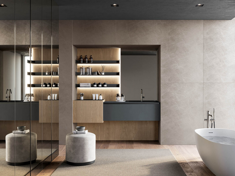 Bagno in fenix NTM grigio bromo, elemento monoblocco in canneté rovere visone, accessori metallici in metallo nero