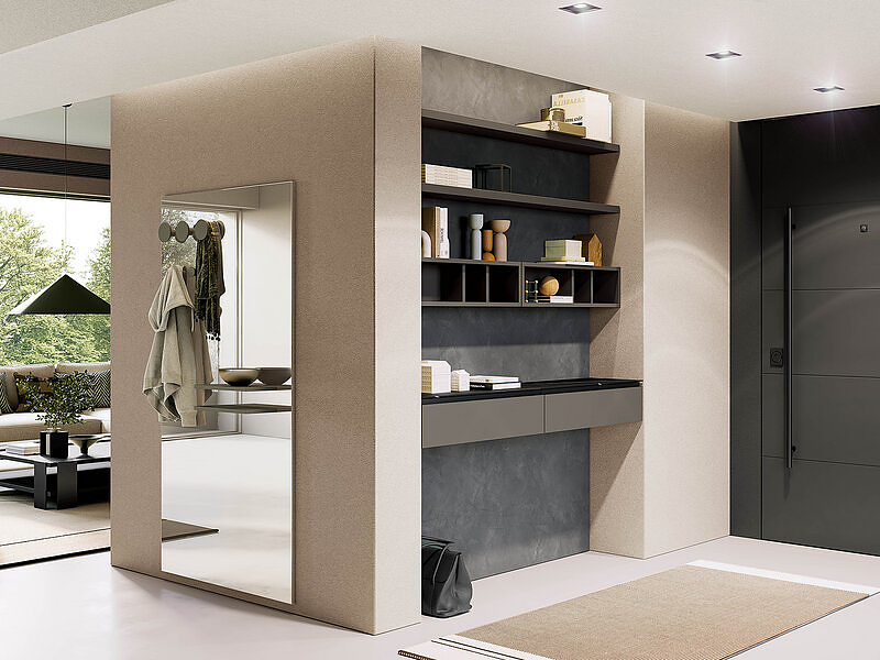 Ingresso con cassetti laccato opaco dark grey con top gres Azalai nero, elementi a giorno laccato opaco dark grey e specchio attrezzato con appendini e mensole.