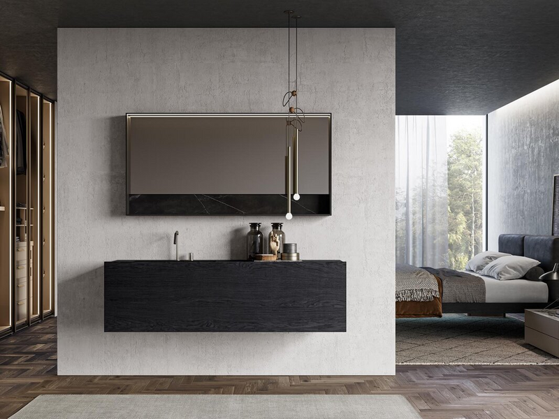 Bagno in essenza rovere carbone, top in gres Storm nero e accessori in metallo nero