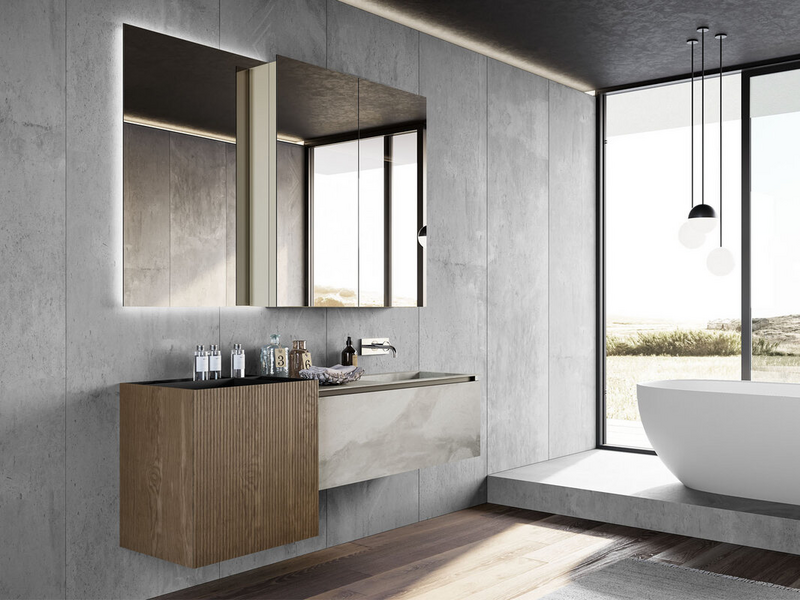 Bagno in gres Boreal Pietra Piasentina, laccato opaco grigio seta, elemento monoblocco in canneté rovere castoro, gola in metallo titanio, divisorio monoblocco in metallo nero