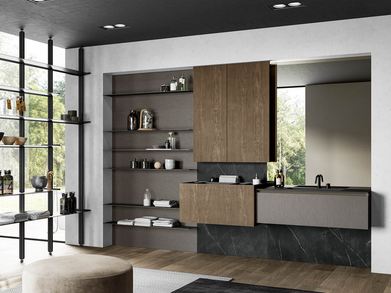 Bagno in essenza rovere castoro, schiena attrezzata e cassetto in materico Eris, top in fenix NTM grigio Londra e accessori metallici in metallo nero