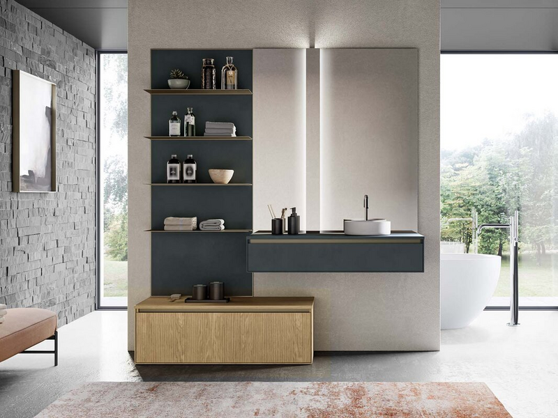 Bagno in laccato opaco grigio antracite e canneté ed essenza rovere naturale, lavabo in ceramica bianco opaco, gole e mensole in metallo titanio