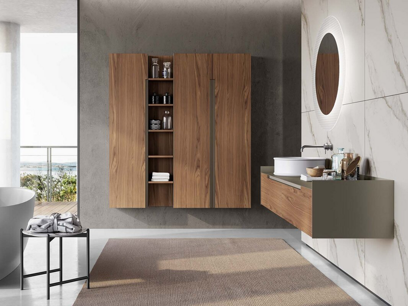 Bagno in essenza noce Canaletto, top, fianchi, schiena e gola in metallo titanio, lavabo in ceramica bianco opaco
