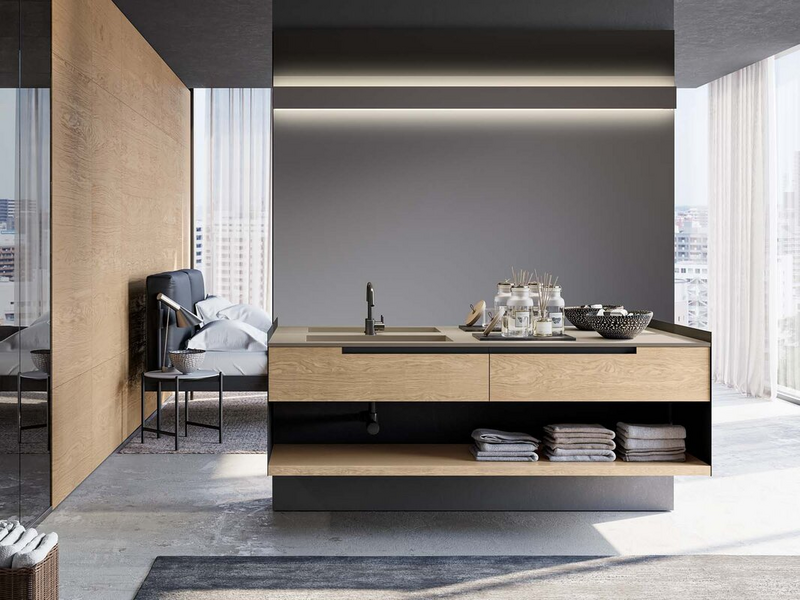 Bagno in essenza rovere visone, top in marmo minerale tortora opaco, fianchi e gola in metallo nero