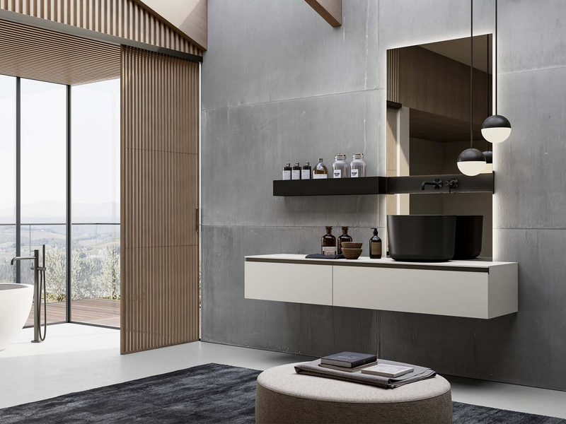 Bagno in Fenix NTM bianco Kos, Vassoio sospeso in Fenix NTM nero Ingo, lavabo in ceramica nero opaco
