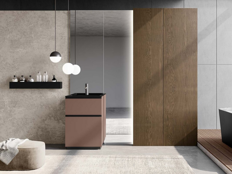 Bagno in laccato opaco terracotta, colonne in essenza rovere castoro, top  e vassoio sospeso in Fenix NTM nero Ingo, gole in metallo nero