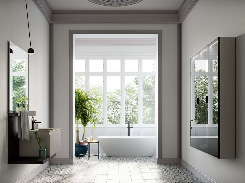 Bagno in laccato opaco grigio Aston e nero, top in marmo minerale tortora opaco e mensola in metallo nero