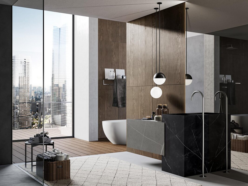 Bagno in gres Senda grigio, top in laccato opaco nero, lavabo a terra in gres Storm nero