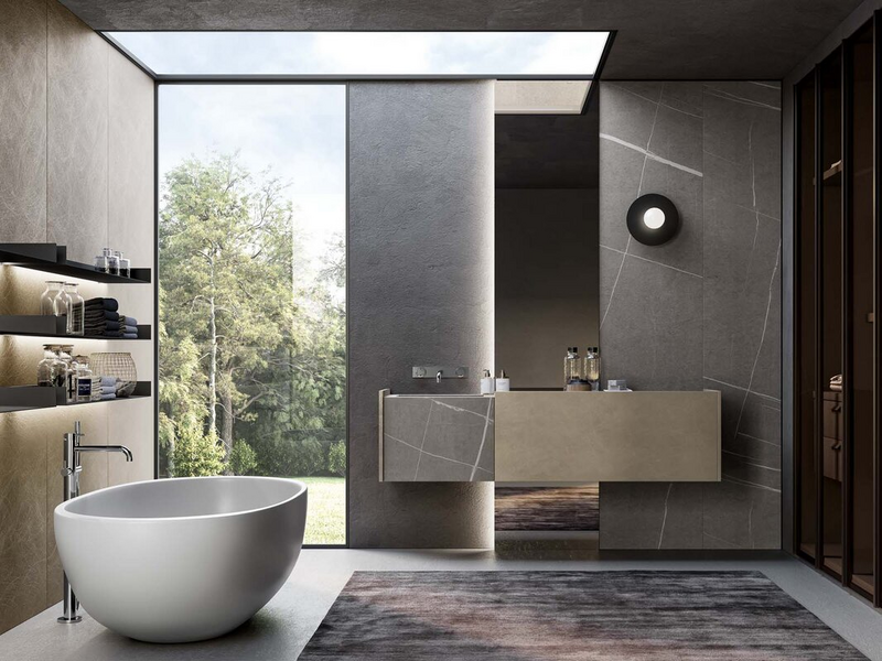 Bagno in laccato metallico nichel e gres Senda grigio